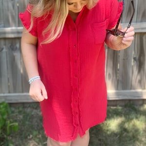 Collar Button Down Short Sleeve Shirt Dress & Frayed Edge {ORANGE RED}